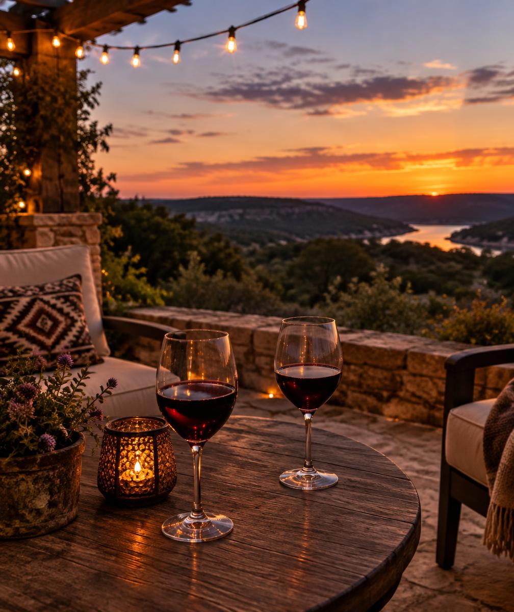 Two glasses of red wine on a stone patio at sunset overlooking the hills