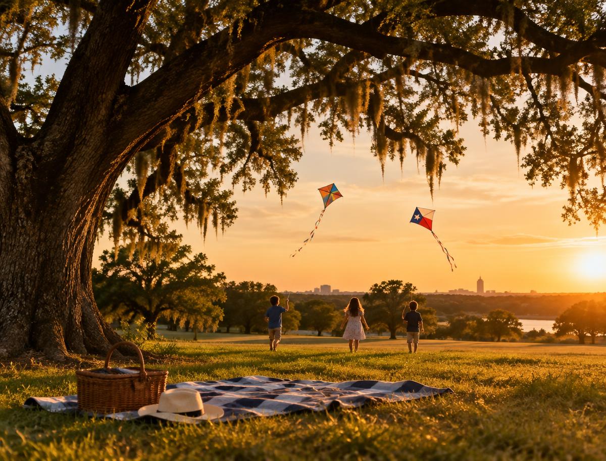 Picnic blanket beneath a live oak while children fly kites at sunset