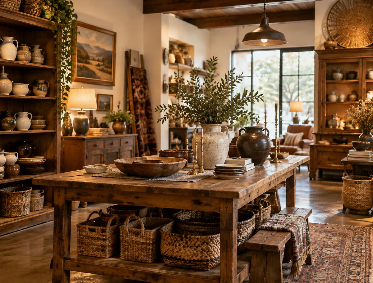 Pottery, baskets and rustic furniture in a home décor shop