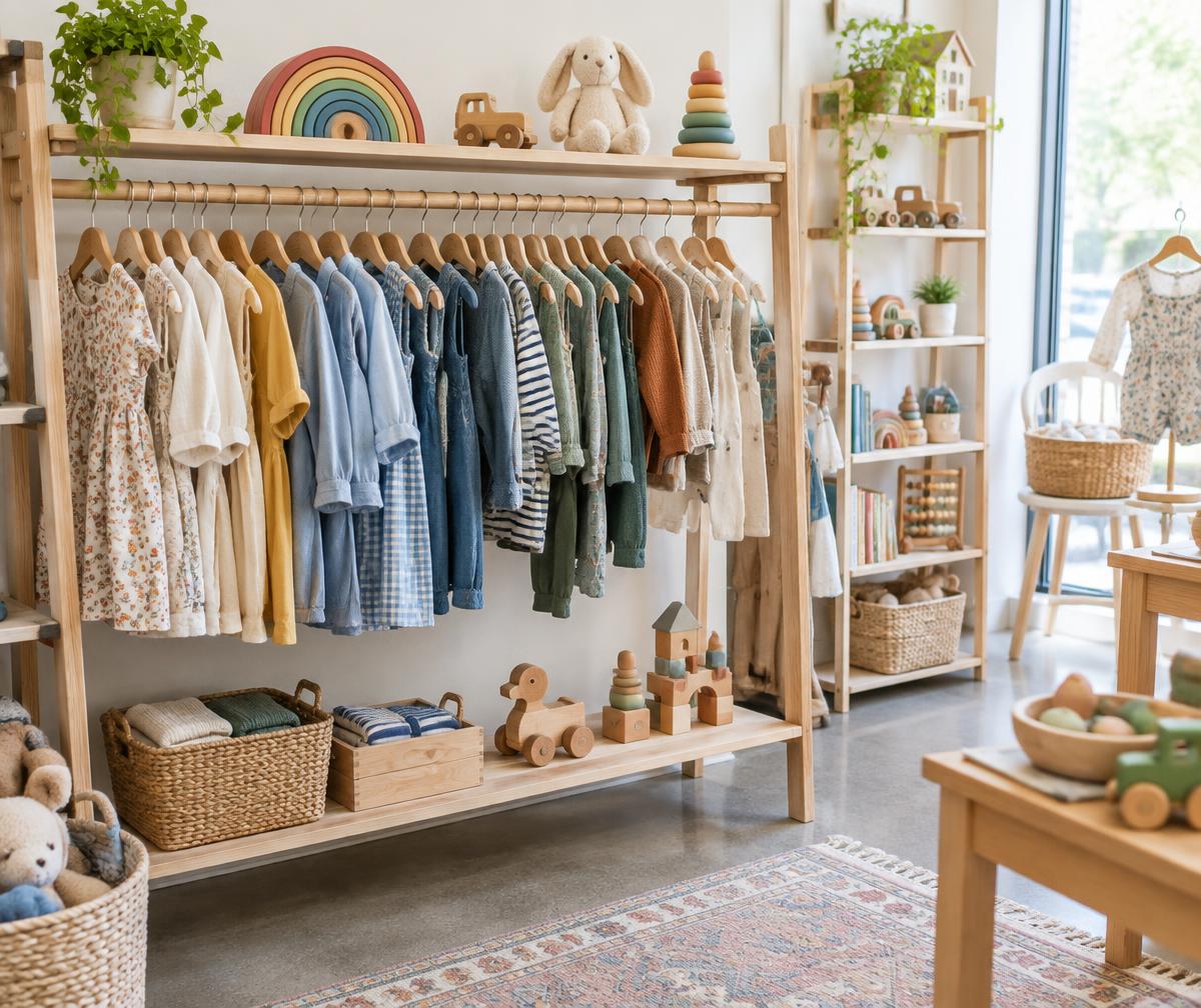 Illustrative photo: children's clothing and wooden toys displayed in a bright shop