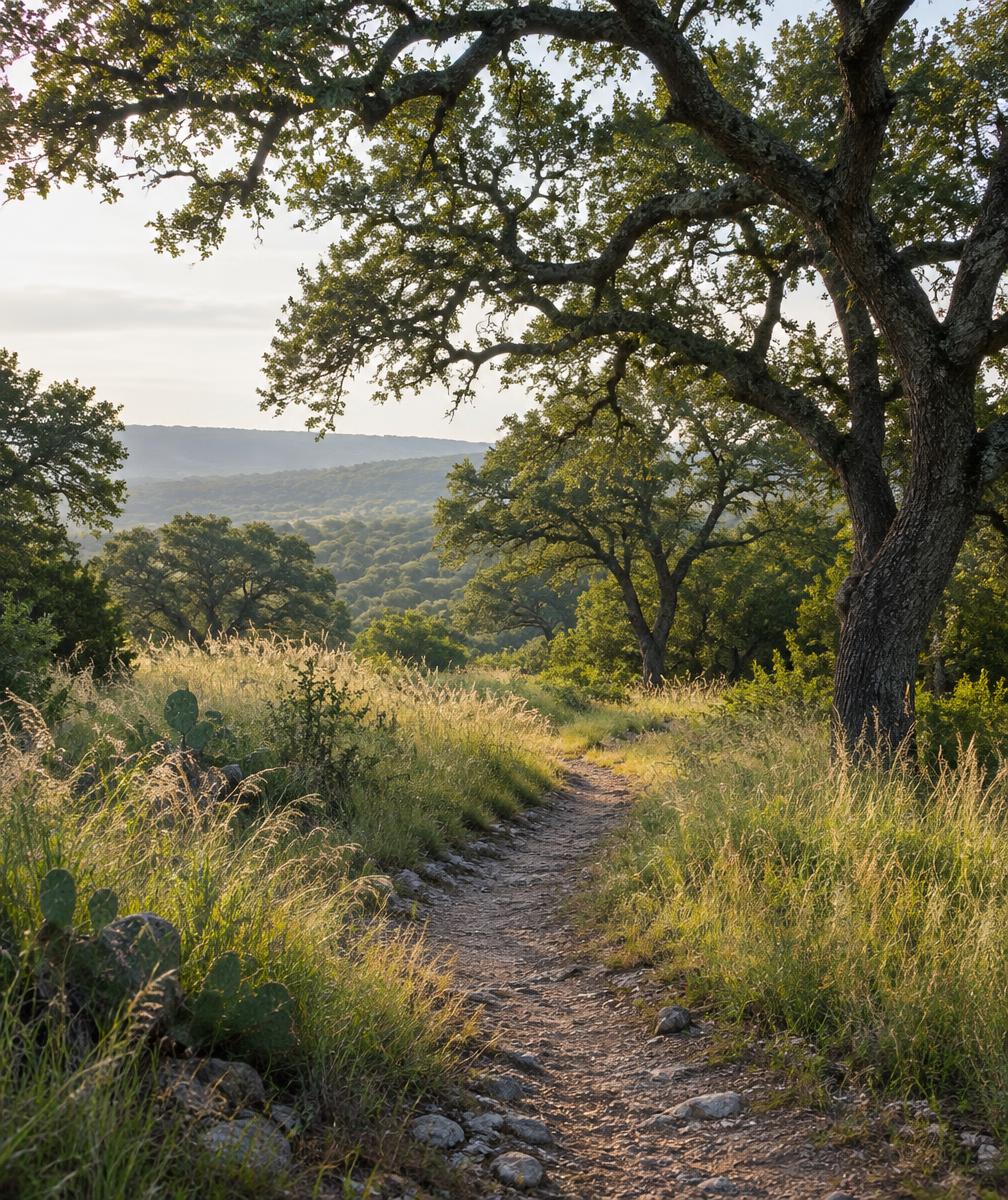 A walking trail through tall grass and live oaks in the Hill Country